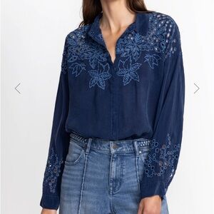 Johnny Was Navy or white silk blend Floral Embroidered Blouse